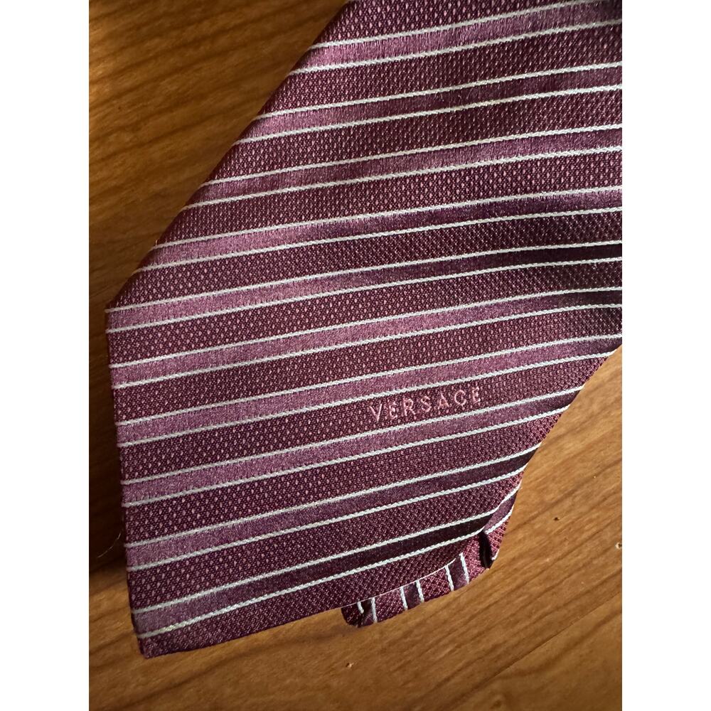 Italy Versace Beautiful Burgundy & Gray Stripe 100% Silk Tie